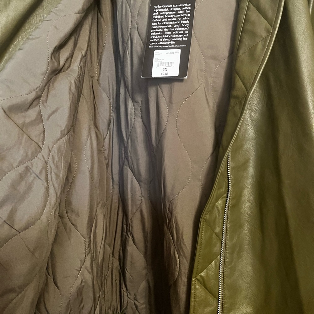 Ashley Graham Olive Green Faux Leather Bomber Jacket with Brown Faux-Fur Hood - Picture 9 of 11